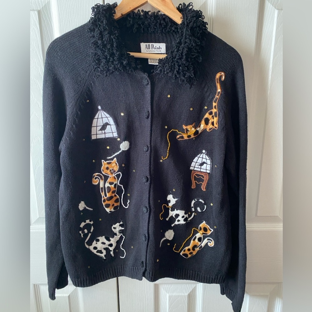 VTG All Points by Reference Point Novelty Crazy Cat Lady Ugly Cardigan Sweater L